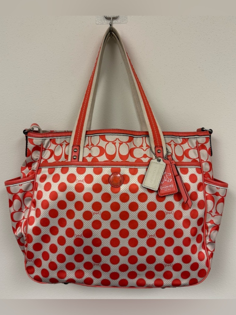 COACH Peyton Dream C Polka Dot Diaper Bag Tote, White & Orange Full Set - Rare - Picture 1 of 15